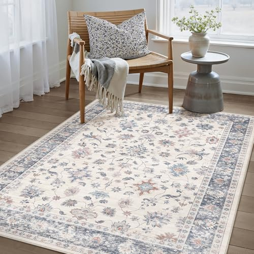 PureCozy Teppich Wohnzimmer 80x150cm Waschbarer Teppiche,Blau&Weiß | Blumenmuster,Waschbar, Rutschfest, Kurzflor, Weich, Schlafzimmer, Esszimmer, Büro, Flur, Kinderzimmer