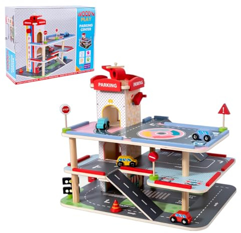 WRQIOO Wooden Car Garage, Wooden Toy Garage, W-ooden Parking G-arage, Multi Storey Car Park Toy with 3 Levels, 1 Lift, 4 Ca-rs, 1 Helicopter for Children 3+
