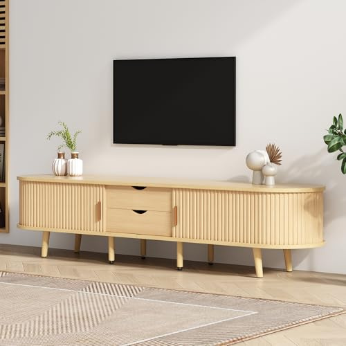 NuvlaGu Mueble bajo de TV ovalado de 175 cm con vetas de madera clara, mueble para TV con 2 cajones y puertas correderas, para 60 – 69 pulgadas, patas ajustables, moderno y minimalista