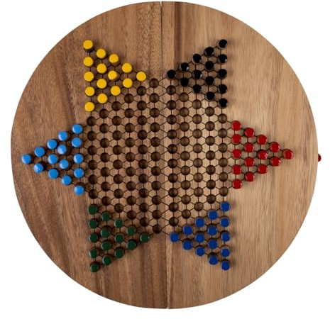Dames Chinoises en Bois XL 32 Cm - Plateau Pliable, 2 A 6 Joueurs | Jeu De Strategie Des 7 Ans Avec Pions De 6 Couleurs - Coffret Rond Acacia, Rangement Integre Et Regles Multilingues