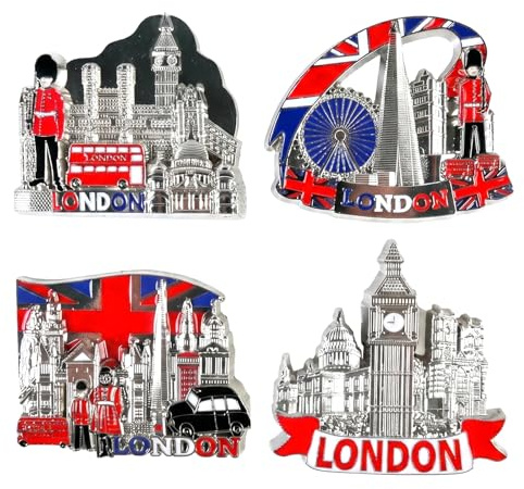 Premium London Fridge Magnets Set - 3D Metal British Souvenirs, Iconic England Landmarks, Big Ben, Tower Bridge, Union Jack - Decorative Kitchen Magnets Gifts for Family and Friends（8pcs）