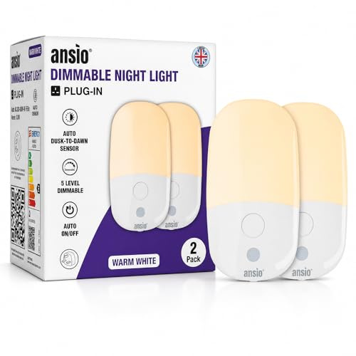 ANSIO Plug in Night Light, 2 Pack Stepless Dimmable Night Lights | Warm White 2700K, 5 Brightness Levels, for Kids, Hallway, Bedroom, Nursery and Stairs