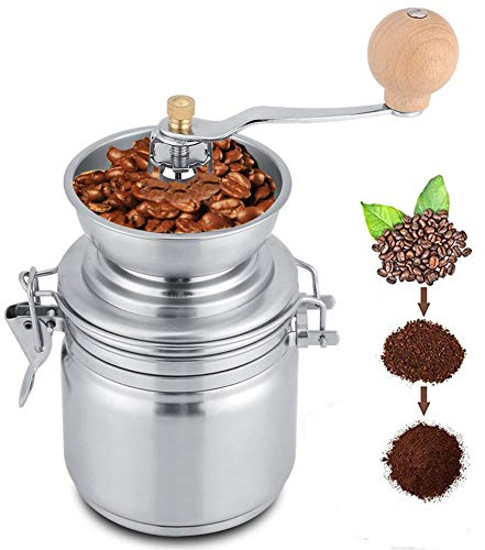 Manual Coffee Grinder Stainless Steel with Adjustable Thickness of Grains, Long Hand Crank Mill, Compact Size Perfect for The Home, Office or Travelling (Silver)