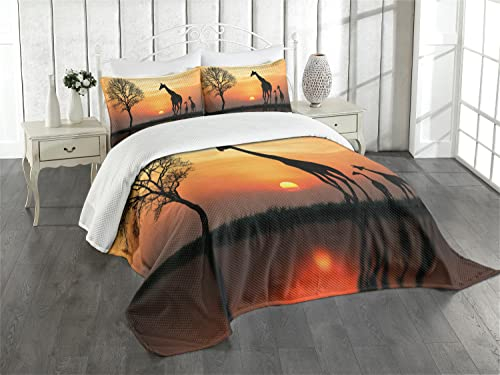 ABAKUHAUS Afrika Tagesdecke Set, Giraffe im Wilden Wald, Set mit Kissenbezügen Kein verblassen, für Doppelbetten 220 x 220 cm,Orange Schwarz