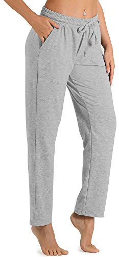 icyzone Damen Jogginghose Sweathose Lang Sporthose Freizeithose geradem Bein Hose mit Tunnelzug (L, Hellgrau)