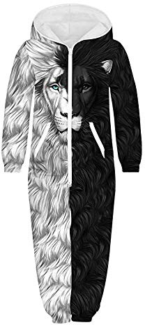 Morbuy Jumpsuit Jogger für die Ganze Familie, Unisex Junge Mädchen Kapuzenpullover Strampelanzug 3D Printed Onepiece Sweatshirt Männer Strampler Nachtwäsche (XL(155-160cm),Löwe)