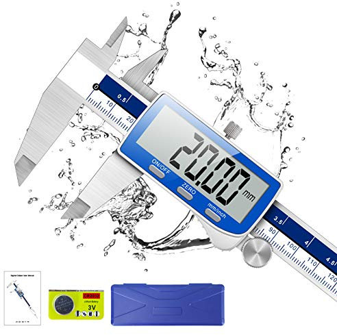 Calibro Digitale, Qfun Calibro Professionale 150mm con Ampio Display LCD e Batteria di Ricambio, Resistente Agli Schizzi, Calibro Acciaio per Misurzione Esterna, Interna, Profondità e di Passo