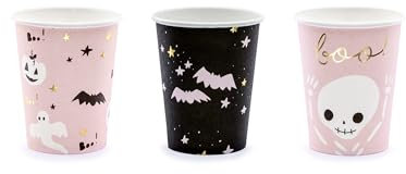 6 Gobelets en carton halloween roses et noirs 220 ml