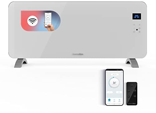 UNIVERSALBLUE Panel Calefactor con WIFI | Calefactor de Cristal Templado Bajo Consumo | Termostato Ajustable | Mando a Distancia | 2000W | Color Blanco | 2 Potencias | Control táctil | Pantalla led