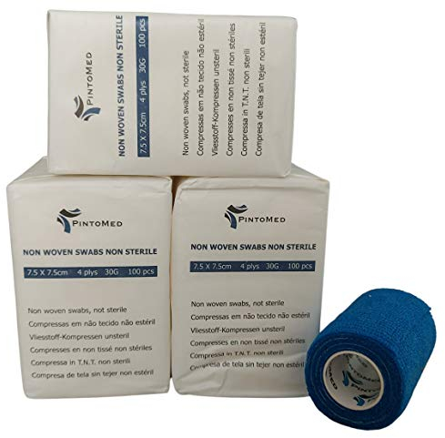 PintoMed - 3 x Pack Compresas Non Esteriles, No Tejidas, TNT, 7,5 cm x 7,5 cm, 100 x 3 = 300 Unidades. Oferta 1 Rollo Venda Cohesiva 7,5cm x 4,5m