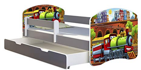 ACMA Kinderbett Jugendbett mit Einer Schublade und Matratze Grau mit Rausfallschutz Lattenrost II (44 Lokomotive, 180x80 + Bettkasten)