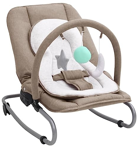 vidaXL Babywippe mit Spielzeugen Sitzpolster 3-Punkt-Sicherheitsgurt Spielbogen Babyschaukel Schaukelwippe Babywiege Liege Taupe Stahl
