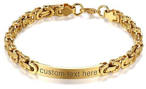JewelryWe Schmuck 2pcs Pärchen Armband Personalisierte Edelstahl Byzantiner Königskette Partnerarmband Freundschaftsarmband Paar Armkette Armreifen mit Gravur für Herren Damen, Gold