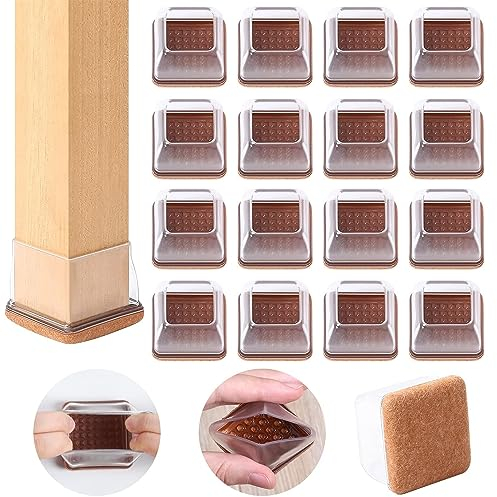 Ezprotekt 24 Pcs Clear Square Chair Leg Floor Protectors with Felt, Silicone Felt Furniture Pads for Hardwood Floor, Dining Table Leg Caps Covers No Scratches and Noise (L Fit: 1 - 1.4)