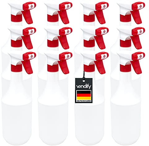 vendify® Sprühflasche 1 Liter / 1000 ml mit Schaum Düse - Leer ohne Label - Premium Qualität - 1l groß nachfüllbar Spray Bottle Fein Zerstäuber für Reinigungsmittel (12 Sprühflaschen)