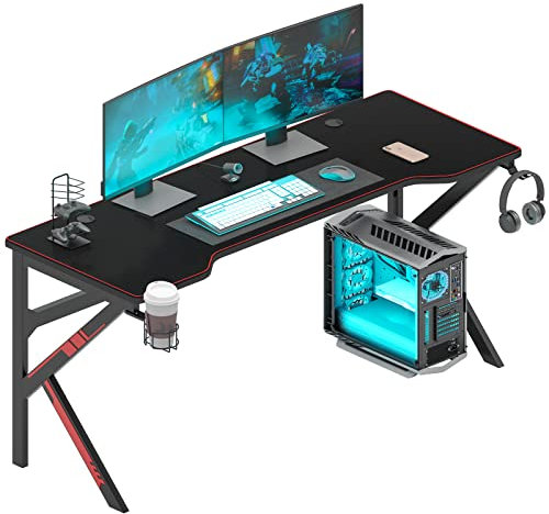 DlandHome Bureau Gaming 160 cm Bureau Gamer avec Tapis de Souris Intégré & Gaming Porte Manette, Table de Gaming Station de Jeu Pro avec Porte-gobelet & Crochet pour Casque, Noir