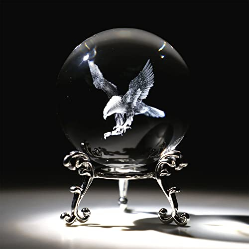 HDCRYSTALGIFTS Briefbeschwerer mit Gravur, Adler, Kristallkugel, mit Ständer, 60 mm, 3D-lasergraviert, Weißkopfseeadler, Glaskugeln, dekorative Kugeln (transparent)