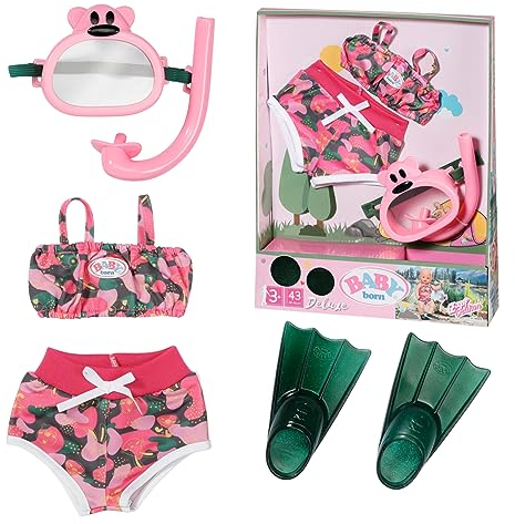 BABY born Zapf Creation 835272 Weekend Deluxe Tauchspaß 43cm - Puppenzubehör Badeset Schwimmset für Puppen mit Bikini, Tauscherbrille, Schnorchel und Flossen in rosa und dunkelgrün.