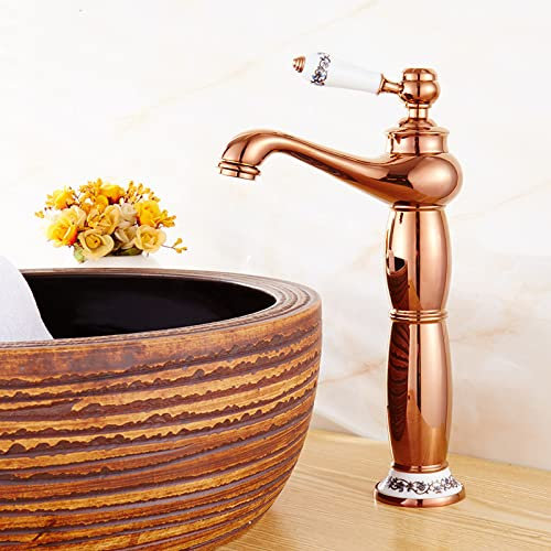 ZYCDP Robinet Salle Bain Lavabo Vintage, Robinet Salle Bain Eau Chaude et Froide, Laiton, PoignéE Unique Robinetterie de Lavabo High, Rose Gold