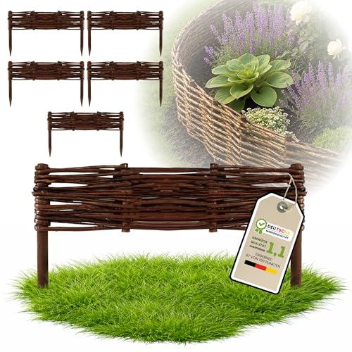 Floranica Weidenzaun Beeteinfassung Weide 10 cm hoch x 50 cm, 5 Stk. | Flechtzaun aus gedämpfter Weide zum Stecken - Rasenkante und Mulchbegrenzung, 50 cm Länge, 5 Stk., 2 Erlenstaketen