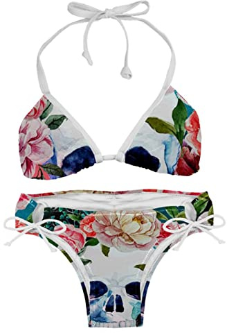 Women 2 Piece Swimsuit Swimwear Halter String Triangle Bikini Sets, Skull Flower Retro Style