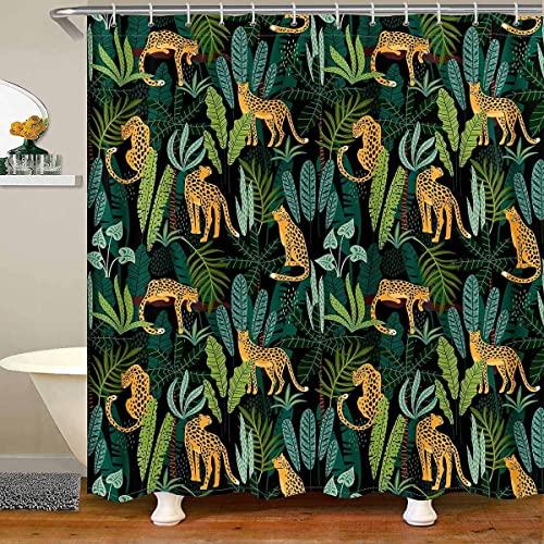 Loussiesd Cartoon Leopard Duschvorhang 180x200cm Safari Geparden Bad Vorhang wasserdichte Polyester Tropische Blätter Badezimmer Vorhänge mit 12 Haken, Maschine waschbar
