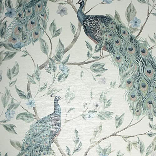 Keeka Bird Navy Blue Wallpaper - Peacock Nature Floral Flowers Feathers Leaves - Modern Feature Wall Metallic Silver