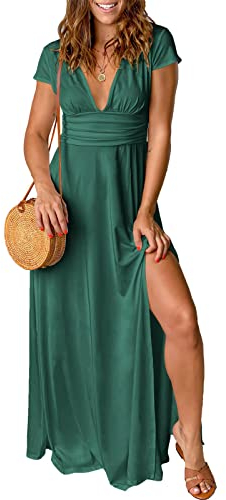 QUNERY Robe Longue Femme Ete Robe de Plage Manches Courtes Robe D'été Casual col en V Taille Haute Robe Cocktail Demoiselle d'honneur Mariage Fête Aniversaire Vert XXL