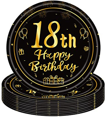 Cosoro 16Pcs Black Gold 18th Birthday Paper Plates 7'', Party Tableware Disposable, Table Decors for Girls, Boys, Him, Her - Party Supplies