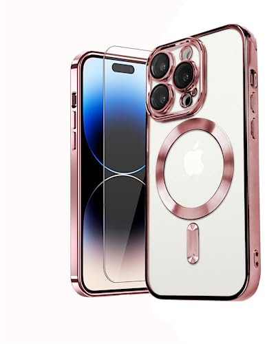 MH TECH Electroplated Case for iPhone 13 PRO, Camera Lens Full Protection, Compatible with MagSafe Wireless Charging, Shockproof Soft TPU Phone Cover (Rose Gold)