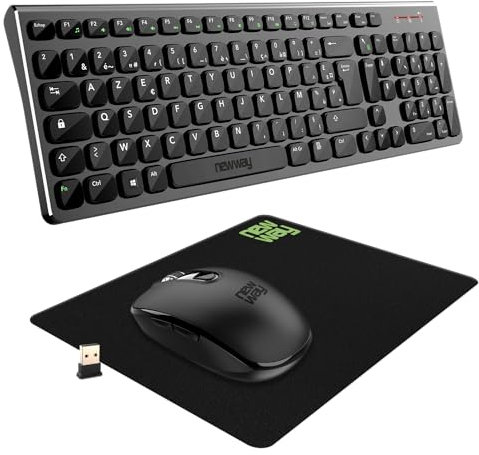 NEWWAY – Pack RF02 Clavier Souris sans Fil avec Tapis – Clavier Wireless Français (AZERTY) 105 Touches 13 Raccourcis Multimédias – Souris WiFi 2.4 GHz 6 Boutons Compacte – Récepteur USB – Noir