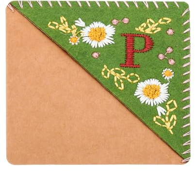 PATIKIL Personalized Gesticktes Lesezeichen Ecke Niedliche Blume Filz Genäht Dreieck Buch Marke Seite Marker für Frauen Männer Buchliebhaber Lehrer Grün Buchstabe P