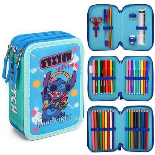 Disney Stitch Federmäppchen mit 3 Ebenen, großes Federmäppchen, mehrere Fächer, Schulbedarf, Schreibwaren, Buntstifte, Bleistift-Sets, mehrfarbig, Stitch Federmäppchen mit 3 Ebenen, groß, 1004E-2151