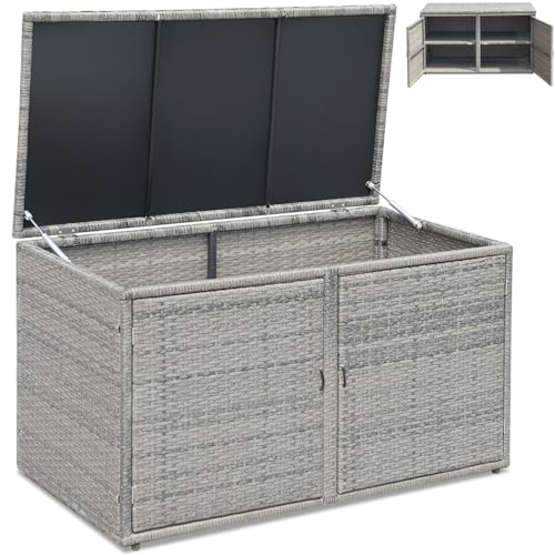 GiantexUK 330L Garden Storage Box, Weatherproof Rattan Deck Box with 2 Shelves, Pneumatic Rod & Handles, Outdoor Utility Chest Container for Patio Poolside Cushions Pillows Tools Toys (Grey)