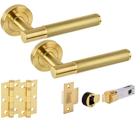 Hunta HANDLEZONE® Evo Knurled Grip Bullet Internal Door Handle Pack, Complete with Lever Handles, Round Latch, 75mm Ball Bearing Hinges - Satin Brass