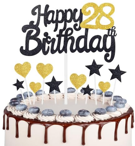 Gold Black 28th Birthday Cake Topper, Girls 28th Birthday Decorations, Gold Heart Stars Cake Toppers, Personalised Happy Birthday Cake Cupcake Toppers for Women Men Girls Boys Birthday Party