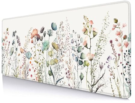 HUOCAIREN Schreibtischunterlage mit Blumenmuster, Beige, Boho-Schreibtischunterlage, großes ausziehbares Mauspad, XL, niedlich, minimalistisch, Blumen, Ästhetik, Schreibtischmatte, Laptop-Matte für