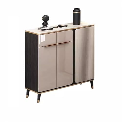 Mueble Zapatero De Madera con 5 Cajones, Mueble Zapatero Ajustable con Separadores, Mueble Zapatero De Tacón Alto con Tapa De Cristal Templado para Balcones, Armarios