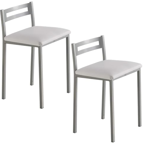 MOMMAHOME® Taburetes de Cocina - Pack 2 Taburetes de Cocina, Banquetas Cocina, Sillas Altas de Cocina, Taburete Bar, Material Metal/Ecopiel, MOLI, Medidas 34x34x65cm (Blanco/Plata)