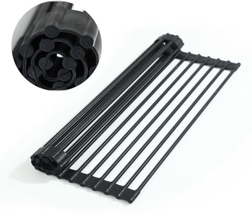 Stocomodi escurridor de Platos Enrollable, escurridor de Platos para Cocina sobre Fregadero, Organizador de estantes de Almacenamiento de Acero Inoxidable Envuelto en Silicona (Negro)