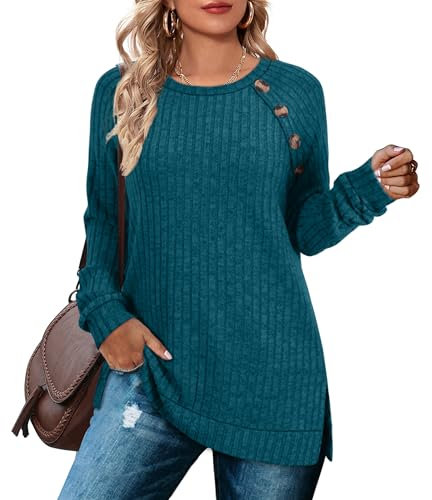 Aokosor Long Sleeve Tops Women Oversized Jumpers Fashion 2024 Ladies Side Splits Tunic Turquoise Size 22-24