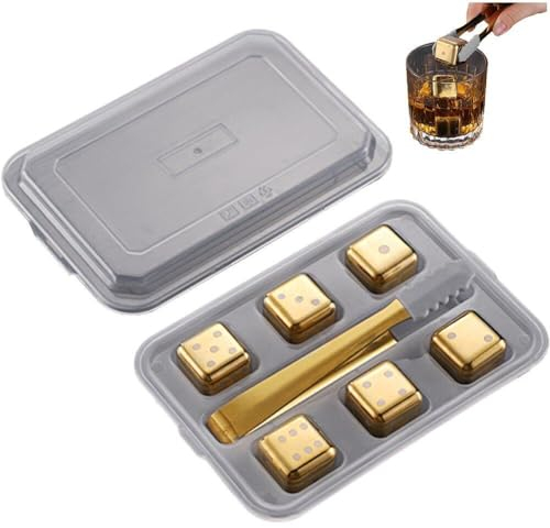 Cubitos De Hielo De Acero Inoxidable, 6 Piezas De Cubitos De Hielo Reutilizables, Piedras para Whisky, Piedras para Hielo con Pinzas para Hielo Y Bandeja para Whisky, Vino, Gin Tonic