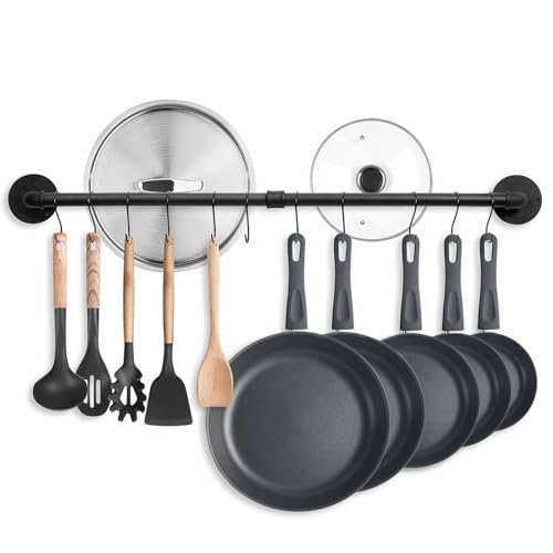 Boshangjia 38.5 inch Pot Rack Wall Mounted Detachable Pan Rack Organizer Industrial Pipe Hanging Rail Lids Utensils Hanger Holder for Kitchen with 10 S Hooks, Black