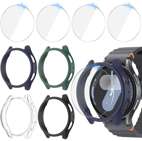 Jvchengxi 4+4Piezas Funda 44mm para Samsung Galaxy Watch 7 Protector, Antiarañazos PC Carcasa + HD Protector de Pantalla de Cristal Templado para Galaxy Watch 7 44mm (Negro+AzulMedianoche+Verde+Claro)