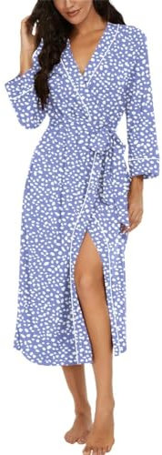 PrinStory Women Dressing Gowns Causal Kimono Robes Long Bathrobe Soft Womens 3/4 Sleeve Ladies Loungewear (Spot Blue, L)