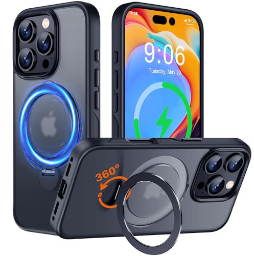 Multi-in-1 [Magnetic+ KickStand+ Ring Holder] for iPhone 16 Pro Max Case, Compatible with MagSafe, Built-in 360° Rotatable Invisible Stand, Military Shockproof Silicone Frame Magnetic Cover, Black