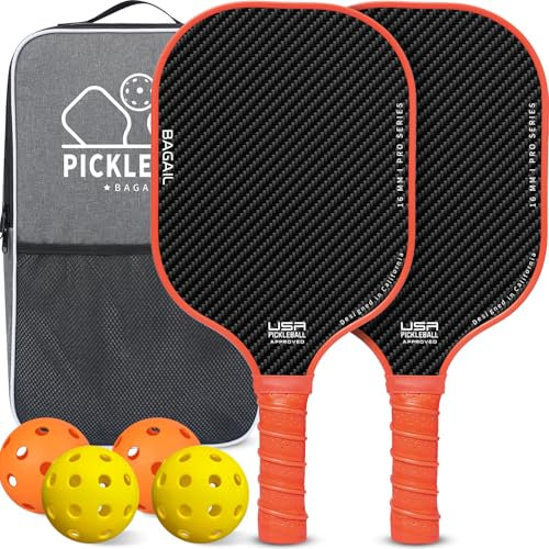 BAGAIL Pickleball Schlägerset, Pickle-Ball Schläger mit 4 Bällen, leicht – hohe Stoßdämpfung – ergonomisch, geeignet für Pickleball-Spiele im Innen- und Außenbereich, Orange/2er-Pack