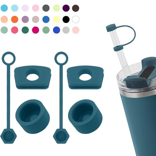 Silicone Spill Stopper Set Compatible with Stanley Cup 2.0 30oz & 40oz with Straw Cover (Set of 2, Blue Spruce)
