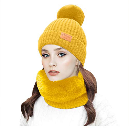 Haarkappe Braids Haarhaube Trockner Dauerwelle Warm Earmuff Strick Wintermütze Frauen Kragen Fashion-Dicke feste Mütze Set Ballbasketts Mütze Schal Damen Gelb Mütze Schal Damen Grau (Yellow, One Size)