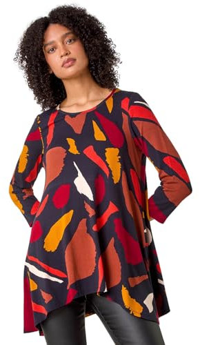Roman Originals Hanky Hem Tunic Top for Women UK - Ladies Longline Blouse Asymmetric Hemline Casual Slouch Loose 3/4 Sleeves Round Neck Relaxed Comfortable Holiday - Red Multi - Size 12
